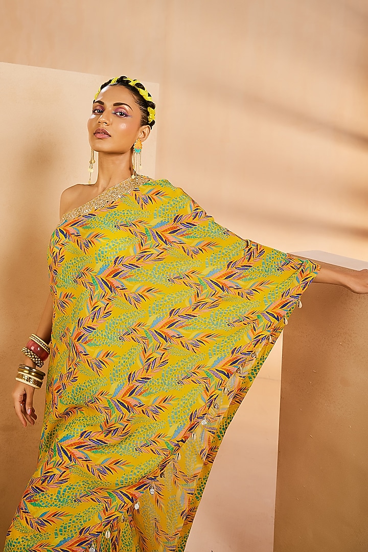 Yellow Crepe Botanical Printed & Hand Embroidered One-Shoulder Kaftan Set by Aneesh Agarwaal PRET at Pernia's Pop Up Shop