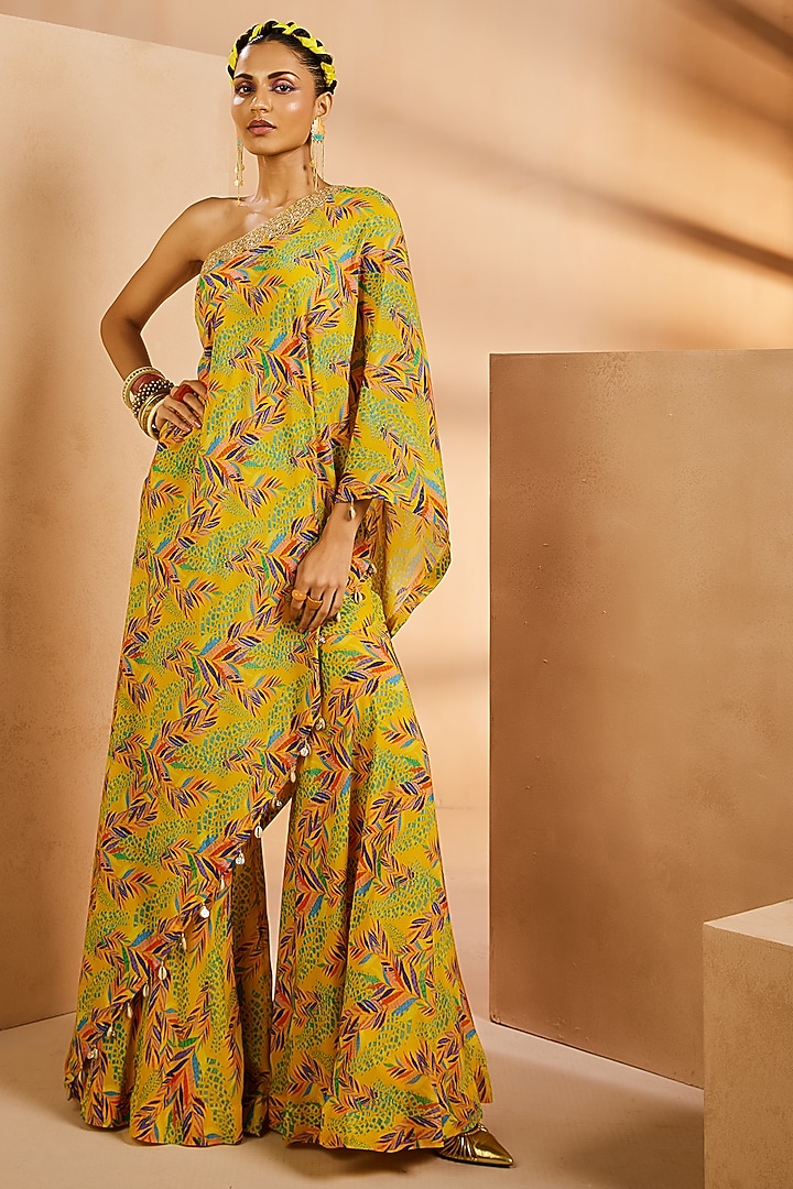 Yellow Crepe Botanical Printed & Hand Embroidered One-Shoulder Kaftan Set by Aneesh Agarwaal PRET at Pernia's Pop Up Shop