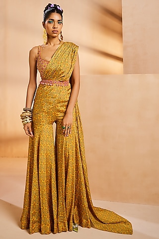 Yellow Chinon Floral Printed Pre-Draped Sharara Saree Set by Aneesh Agarwaal PRET