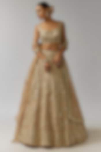 Gold Net Mirror & Thread Embroidered Bridal Lehenga Set by Aneesh Agarwaal at Pernia's Pop Up Shop