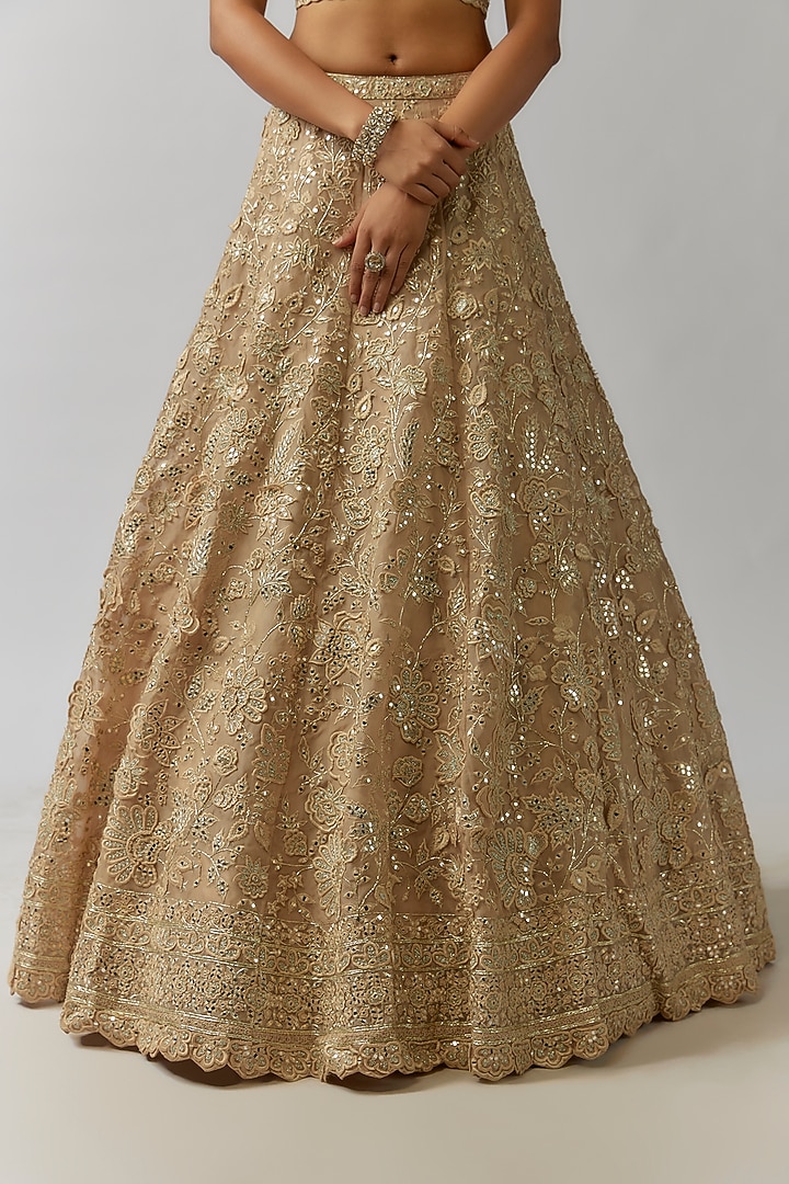 Gold Net Mirror & Thread Embroidered Bridal Lehenga Set by Aneesh Agarwaal at Pernia's Pop Up Shop