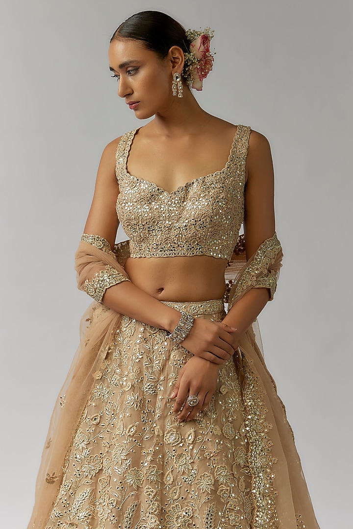 Gold Net Mirror & Thread Embroidered Bridal Lehenga Set by Aneesh Agarwaal at Pernia's Pop Up Shop