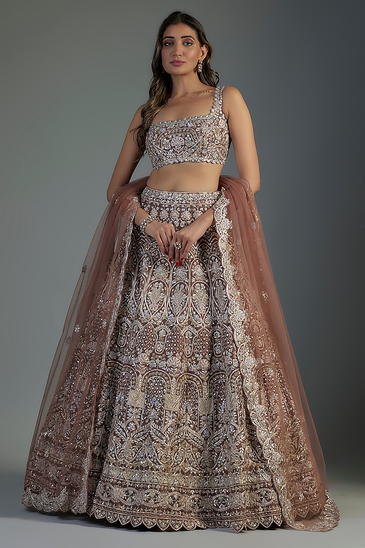 Gold-Brown Organza Embroidered Bridal Lehenga Set by Aneesh Agarwaal at Pernia's Pop Up Shop