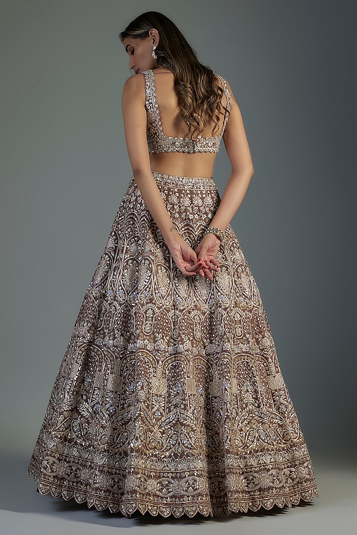Gold-Brown Organza Embroidered Bridal Lehenga Set by Aneesh Agarwaal at Pernia's Pop Up Shop