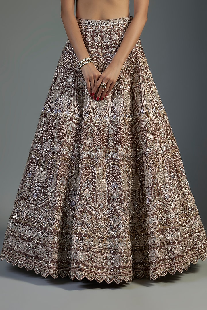 Gold-Brown Organza Embroidered Bridal Lehenga Set by Aneesh Agarwaal at Pernia's Pop Up Shop