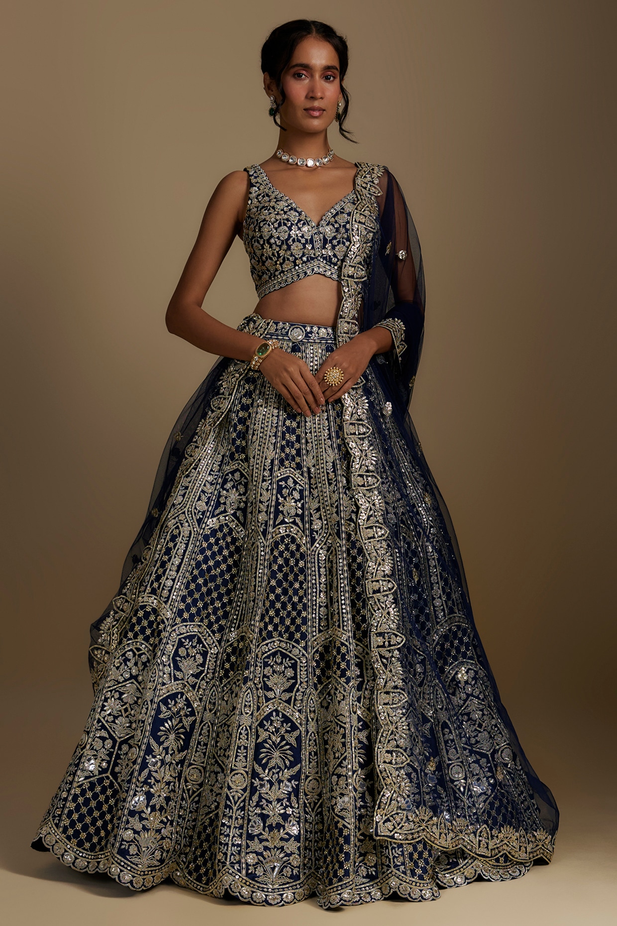 1094 Navy blue-beige bridal anarkali lehenga Outfit Sets main image 0