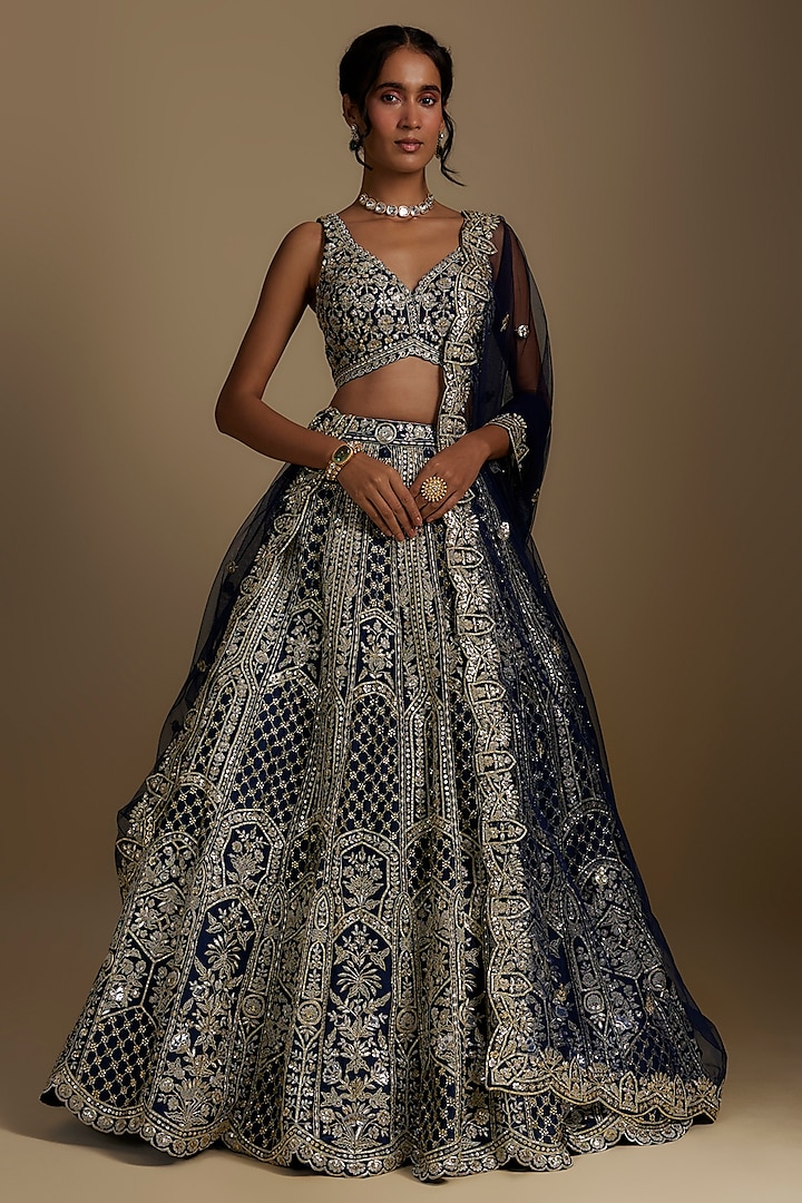 Navy Blue Silk Organza Bridal Lehenga Set by Aneesh Agarwaal at Pernia's Pop Up Shop