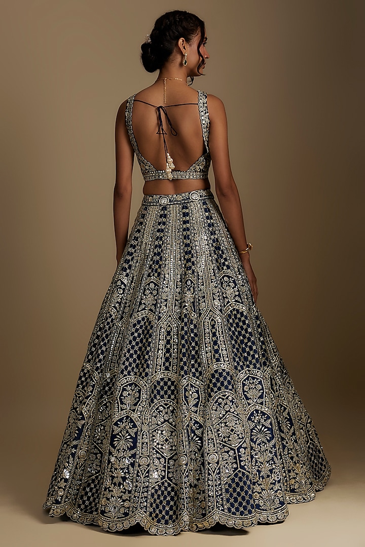 Navy Blue Silk Organza Bridal Lehenga Set by Aneesh Agarwaal at Pernia's Pop Up Shop