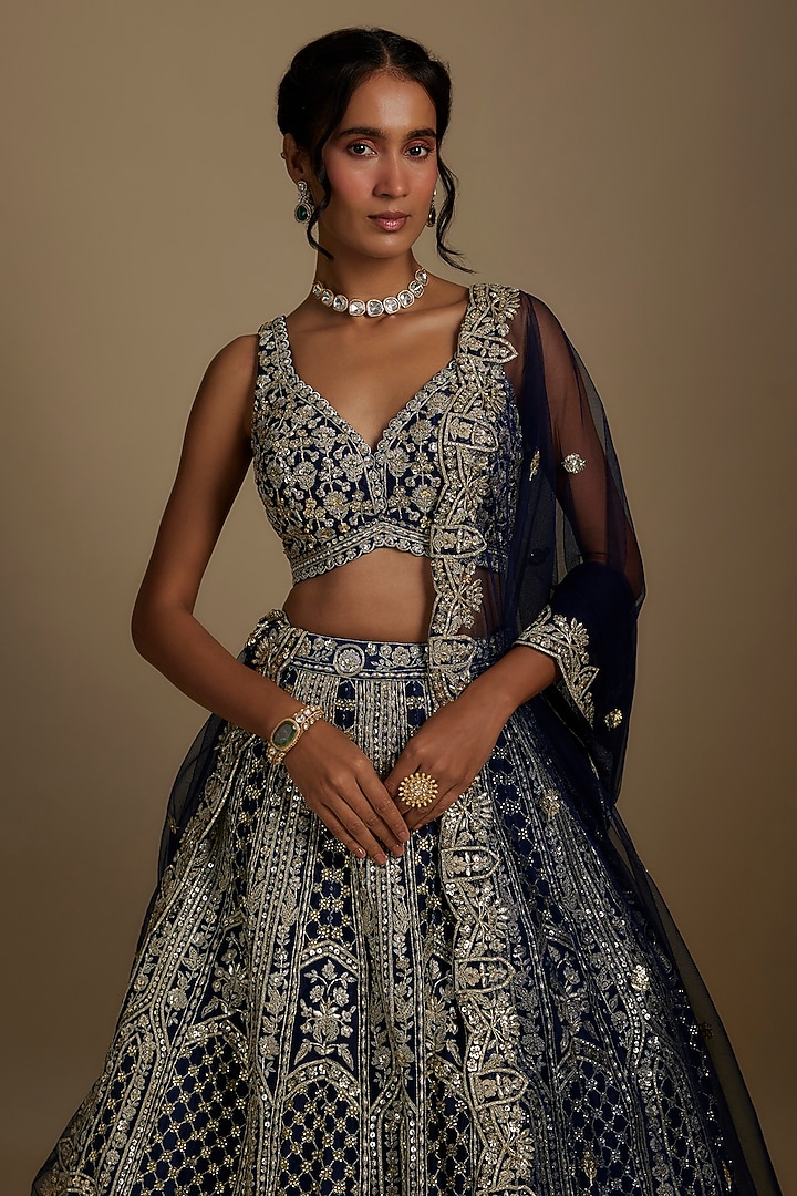 Navy Blue Silk Organza Bridal Lehenga Set by Aneesh Agarwaal at Pernia's Pop Up Shop