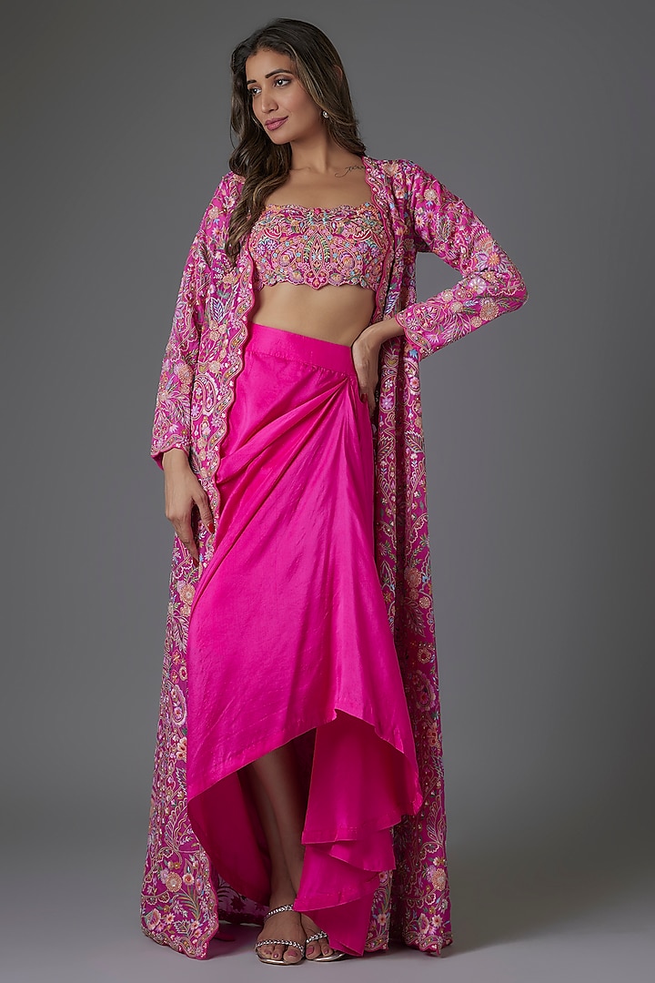 Magenta Organza Embroidered Cape Set by Aneesh Agarwaal at Pernia's Pop Up Shop