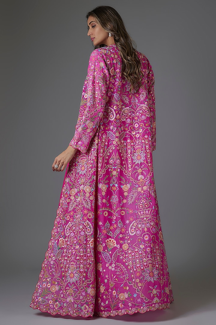 Magenta Organza Embroidered Cape Set by Aneesh Agarwaal at Pernia's Pop Up Shop