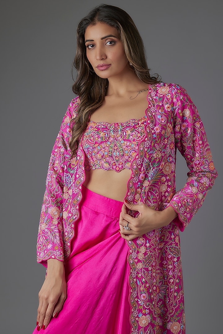 Magenta Organza Embroidered Cape Set by Aneesh Agarwaal at Pernia's Pop Up Shop