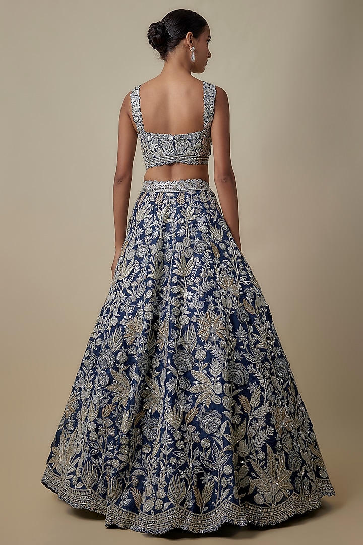 Navy Blue Organza Floral Bridal Lehenga Set by Aneesh Agarwaal at Pernia's Pop Up Shop