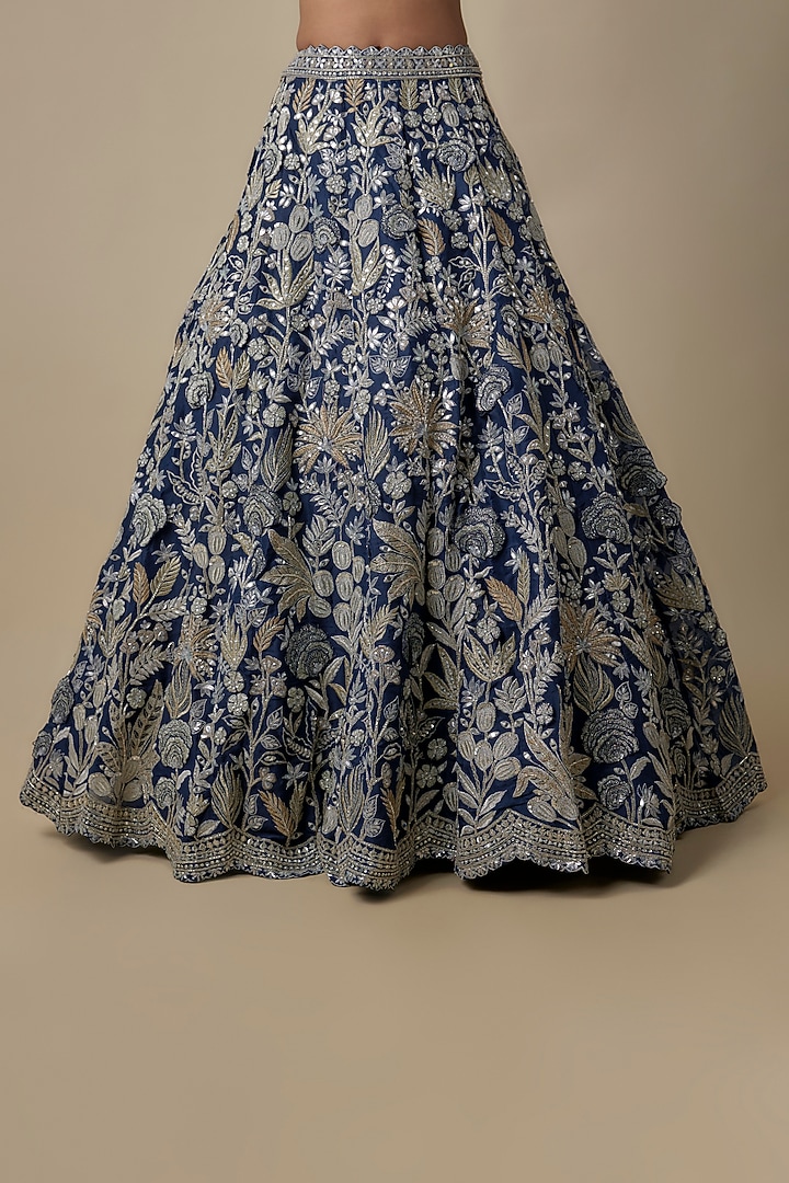 Navy Blue Organza Floral Bridal Lehenga Set by Aneesh Agarwaal at Pernia's Pop Up Shop
