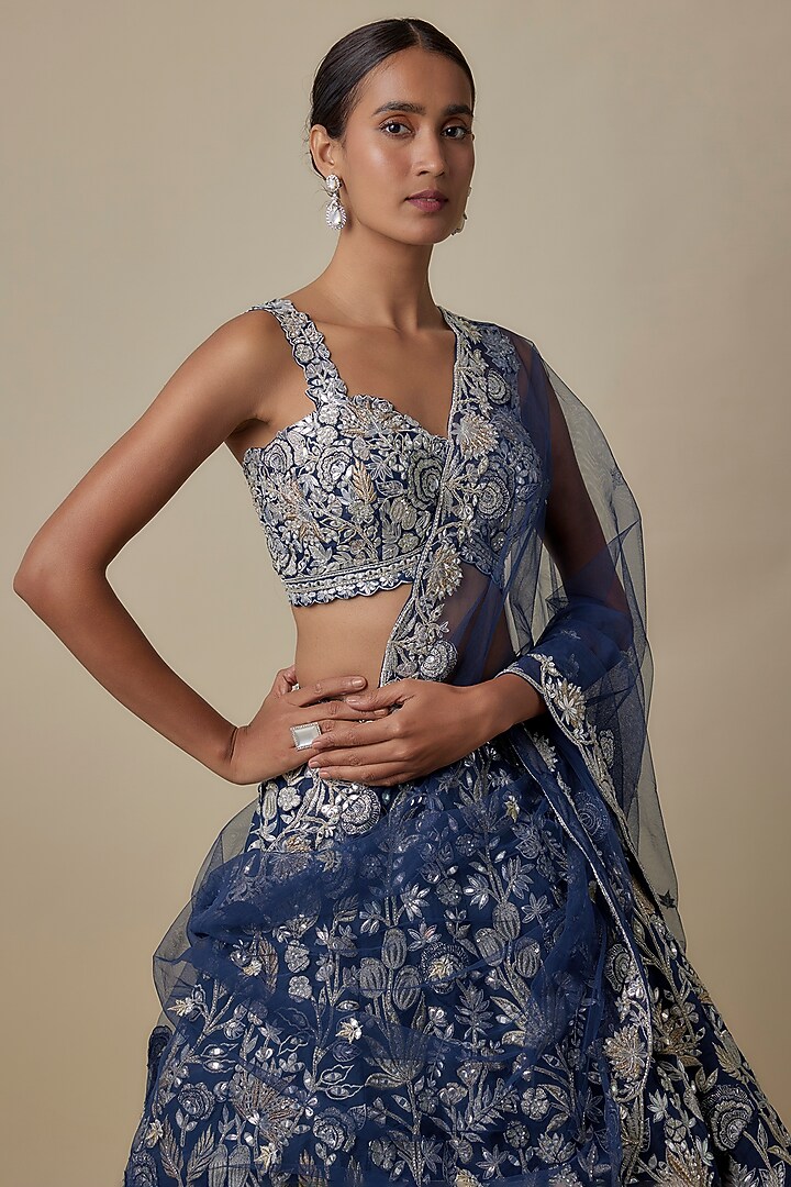 Navy Blue Organza Floral Bridal Lehenga Set by Aneesh Agarwaal at Pernia's Pop Up Shop