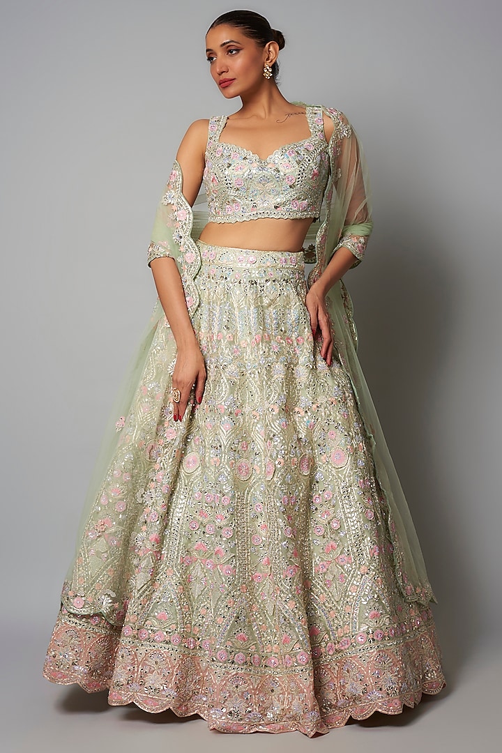 Mint & Pink Silk Organza Bridal Lehenga Set by Aneesh Agarwaal at Pernia's Pop Up Shop