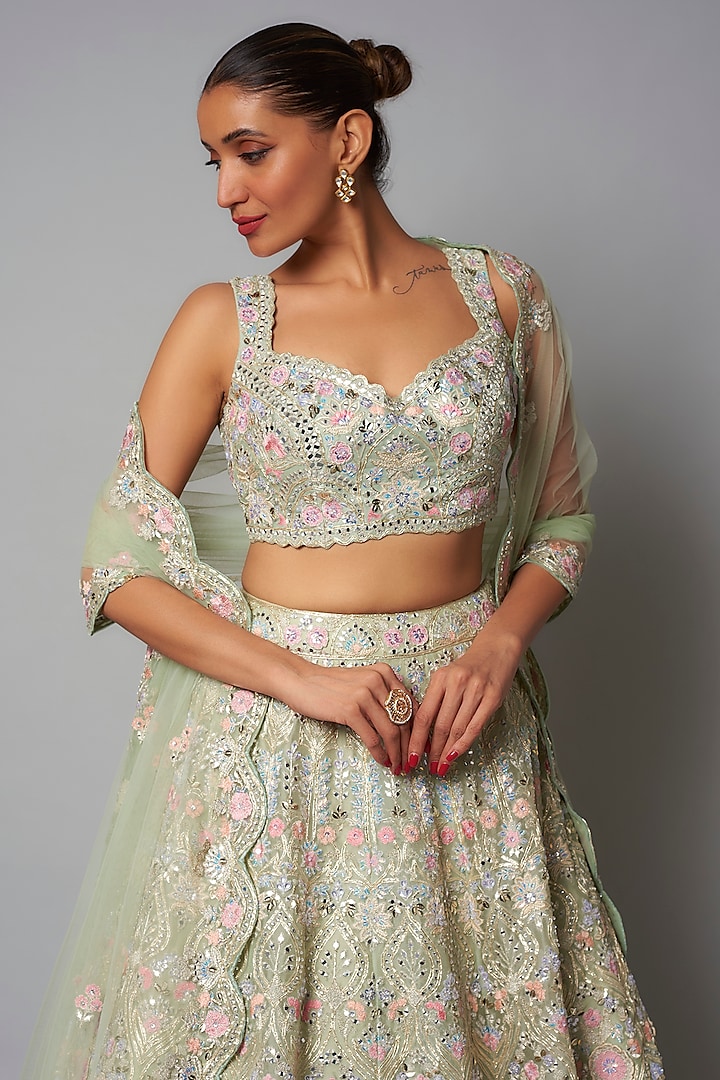 Mint & Pink Silk Organza Bridal Lehenga Set by Aneesh Agarwaal at Pernia's Pop Up Shop