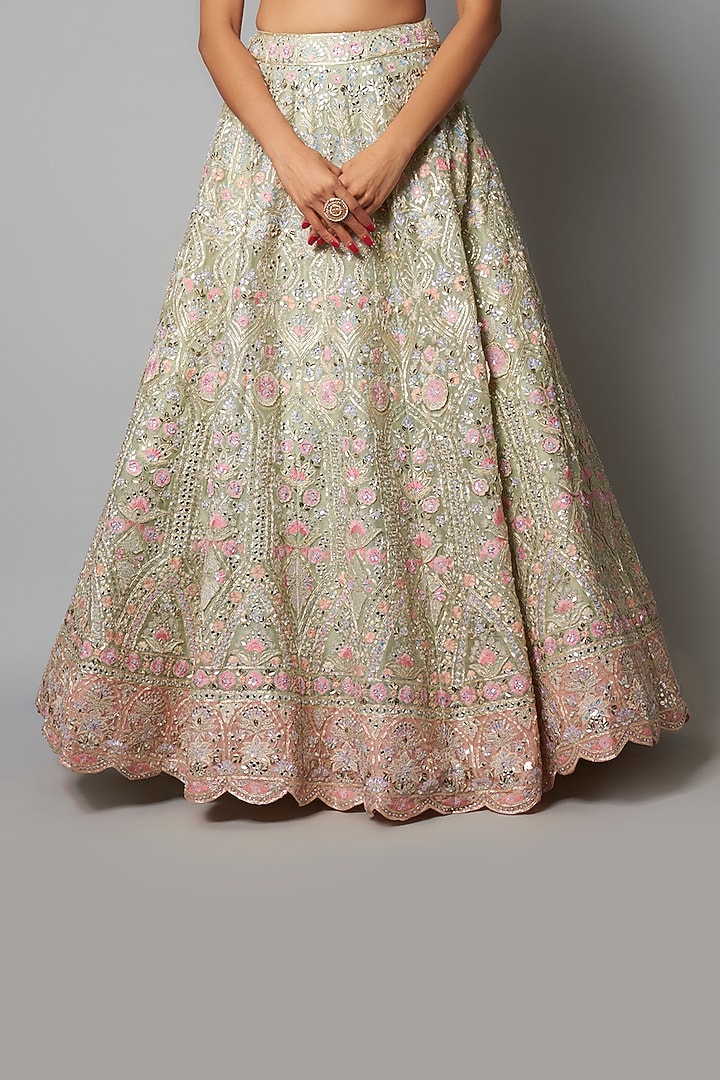 Mint & Pink Silk Organza Bridal Lehenga Set by Aneesh Agarwaal at Pernia's Pop Up Shop