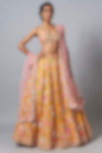 Yellow Silk Sequins & Resham Embroidered Bridal Lehenga Set by Aneesh Agarwaal at Pernia's Pop Up Shop