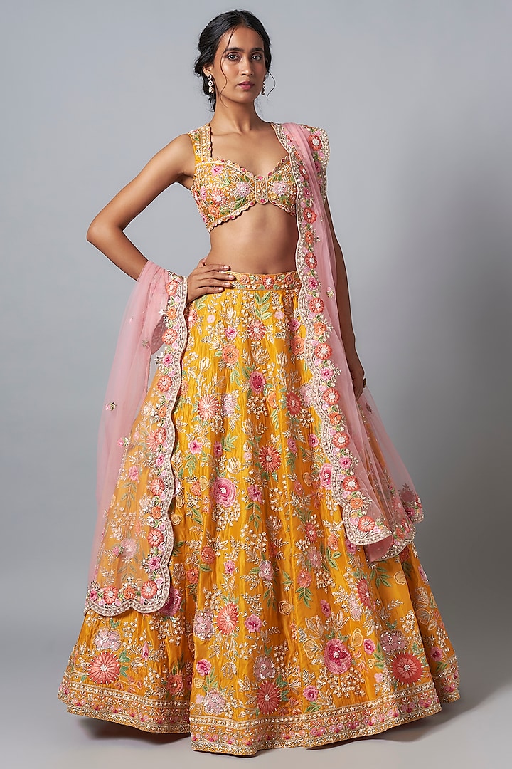 Yellow Silk Sequins & Resham Embroidered Bridal Lehenga Set by Aneesh Agarwaal at Pernia's Pop Up Shop