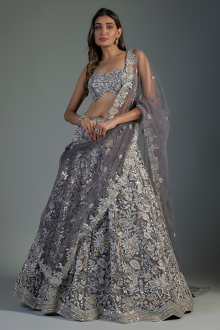 Grey-Silver Organza Embroidered Bridal Lehenga Set by Aneesh Agarwaal at Pernia's Pop Up Shop