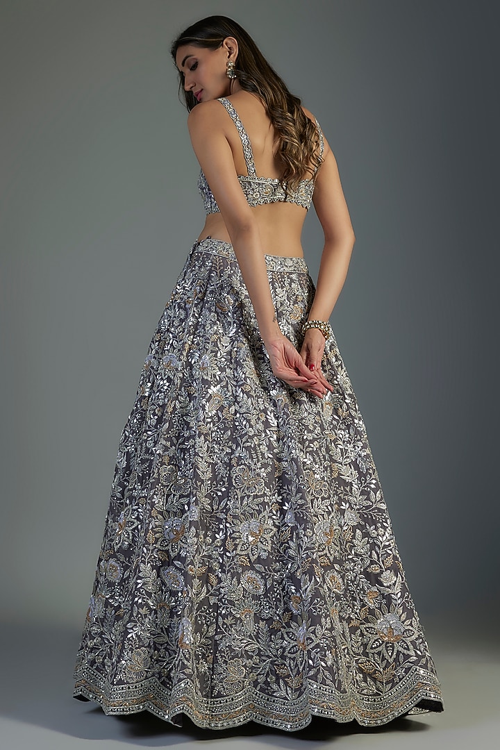 Grey-Silver Organza Embroidered Bridal Lehenga Set by Aneesh Agarwaal at Pernia's Pop Up Shop