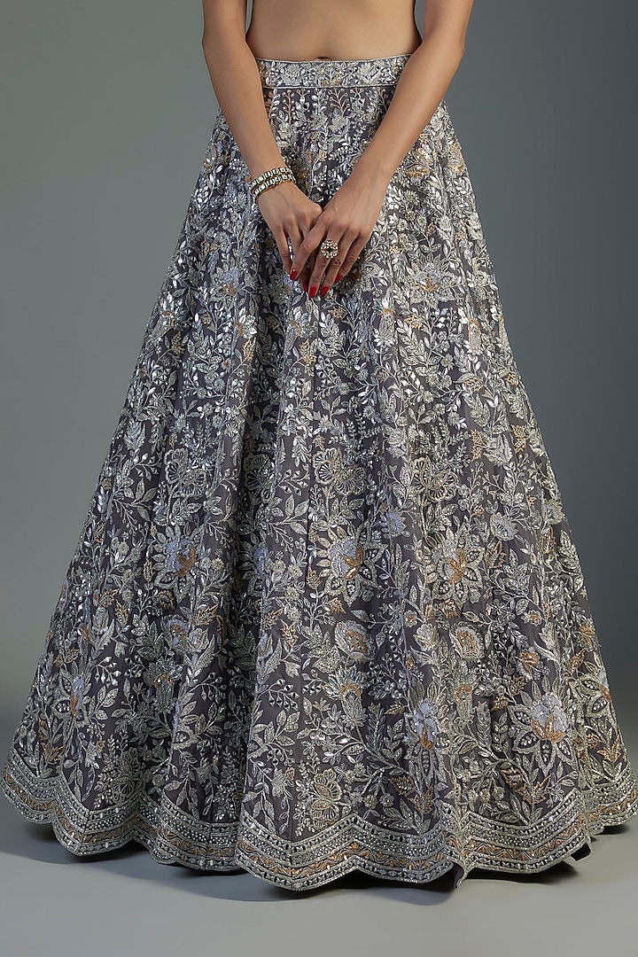 Grey-Silver Organza Embroidered Bridal Lehenga Set by Aneesh Agarwaal at Pernia's Pop Up Shop