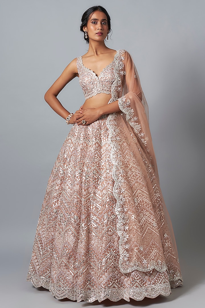 Blush Silk Organza Embroidered Bridal Lehenga Set by Aneesh Agarwaal at Pernia's Pop Up Shop