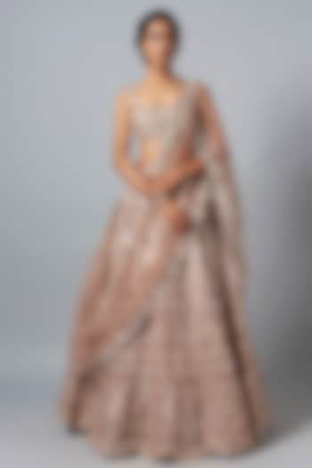 Taupe Silk Mirror Embroidered Bridal Lehenga Set by Aneesh Agarwaal at Pernia's Pop Up Shop