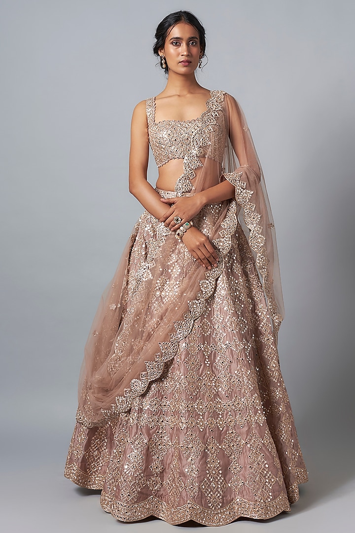 Taupe Silk Mirror Embroidered Bridal Lehenga Set by Aneesh Agarwaal at Pernia's Pop Up Shop