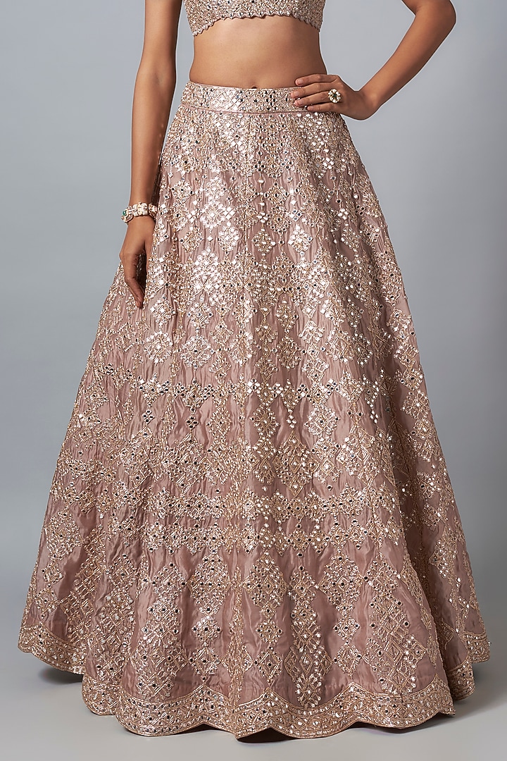 Taupe Silk Mirror Embroidered Bridal Lehenga Set by Aneesh Agarwaal at Pernia's Pop Up Shop