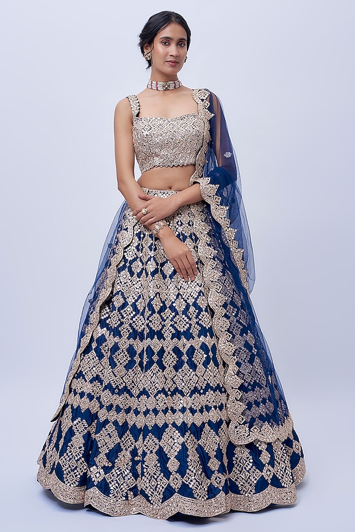 Navy Silk & Net Bridal Lehenga Set by Aneesh Agarwaal at Pernia's Pop Up Shop