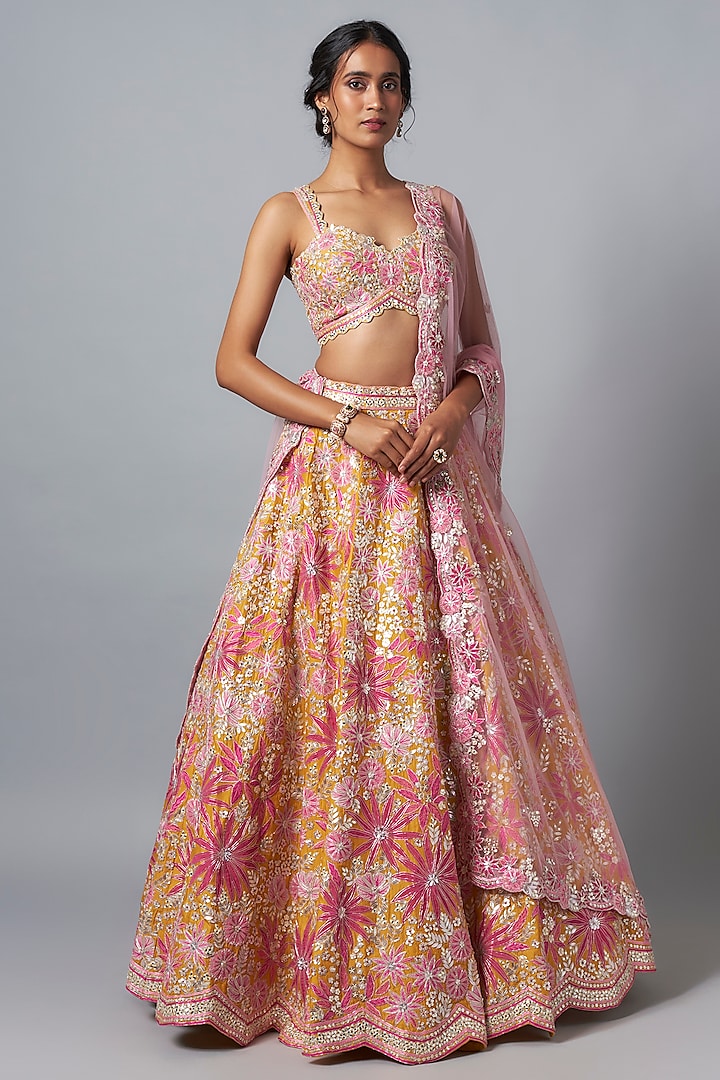 Yellow & Rani Pink Silk Embroidered Bridal Lehenga Set by Aneesh Agarwaal at Pernia's Pop Up Shop