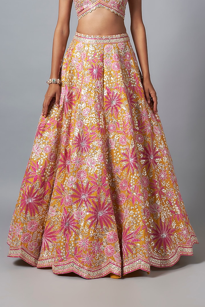 Yellow & Rani Pink Silk Embroidered Bridal Lehenga Set by Aneesh Agarwaal at Pernia's Pop Up Shop