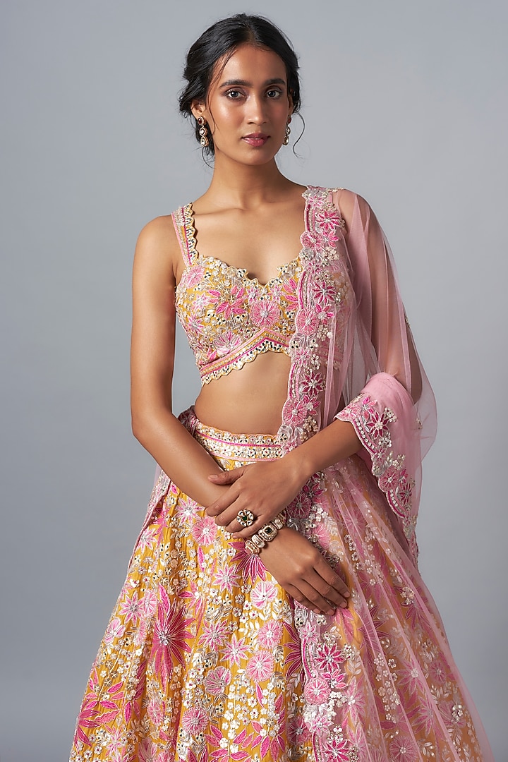 Yellow & Rani Pink Silk Embroidered Bridal Lehenga Set by Aneesh Agarwaal at Pernia's Pop Up Shop