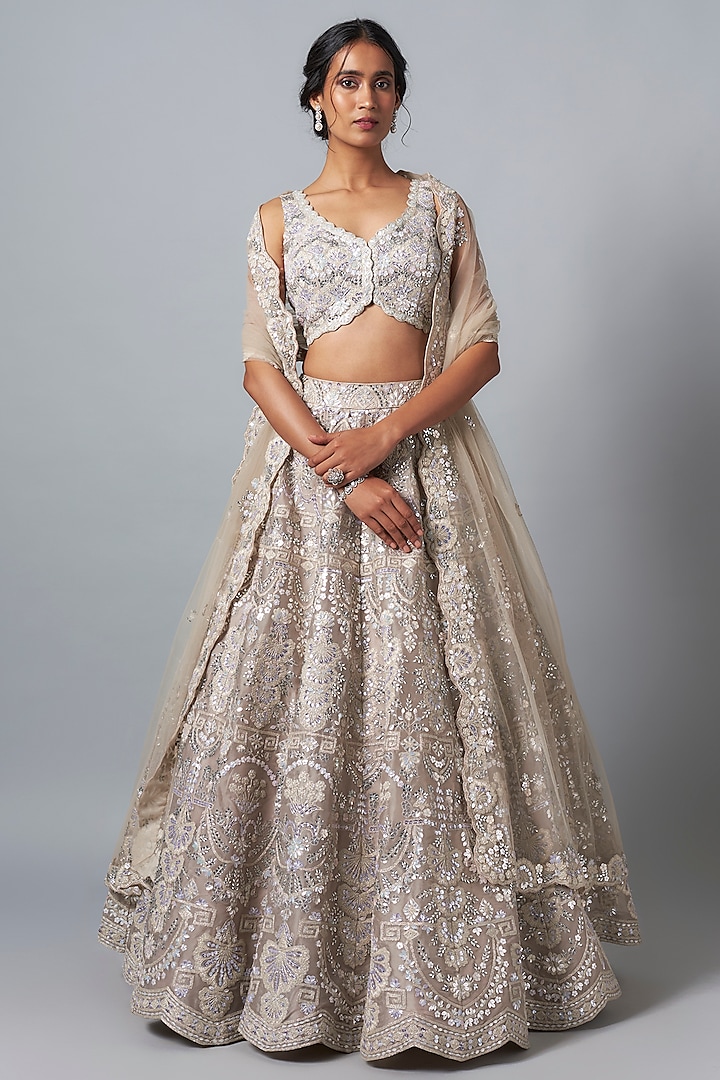 Grey Silk Organza Crystal Embroidered Bridal Lehenga Set by Aneesh Agarwaal at Pernia's Pop Up Shop