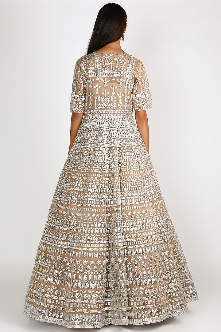 Brown Net Applique Embroidered Jacket Bridal Lehenga Set by Aneesh Agarwaal at Pernia's Pop Up Shop