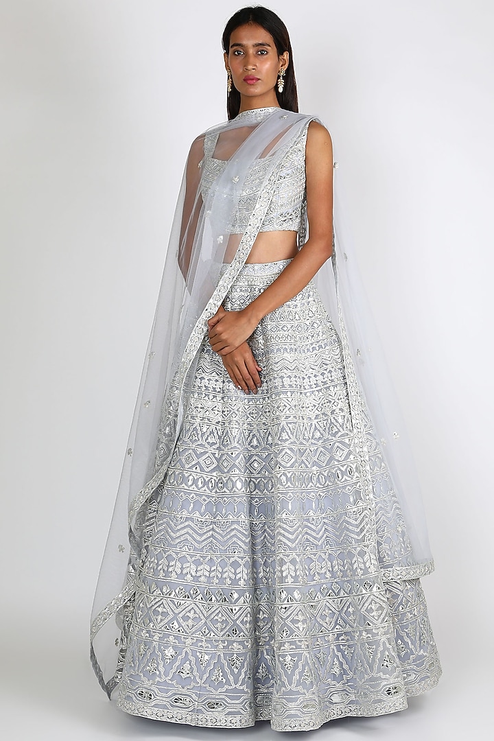Sky Blue Embroidered Bridal Lehenga Set by Aneesh Agarwaal at Pernia's Pop Up Shop