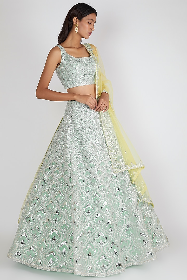 Turquoise Embroidered Lehenga Set by Aneesh Agarwaal