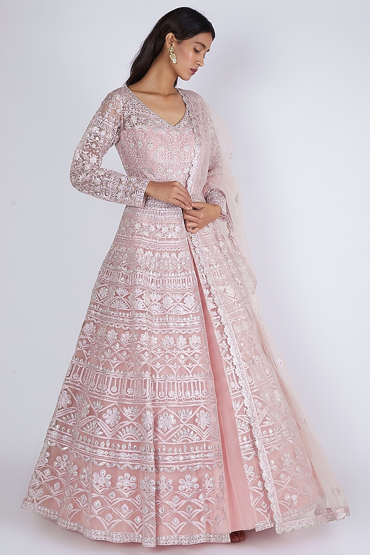 Blush Pink Embroidered Jacket Lehenga Set by Aneesh Agarwaal
