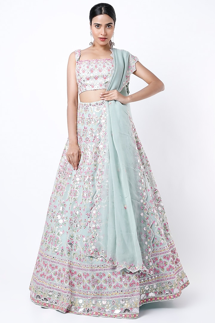 Mint Thread Embroidered Wedding Lehenga Set by Aneesh Agarwaal at Pernia's Pop Up Shop