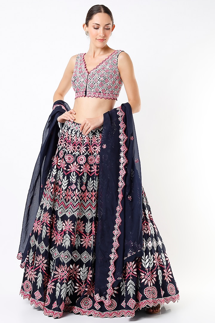 Navy Blue Embroidered Bridal Lehenga Set by Aneesh Agarwaal at Pernia's Pop Up Shop