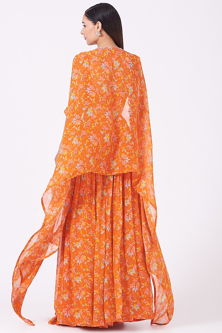 Orange Printed Wedding Lehenga Set With Cape by Aneesh Agarwaal PRET at Pernia's Pop Up Shop