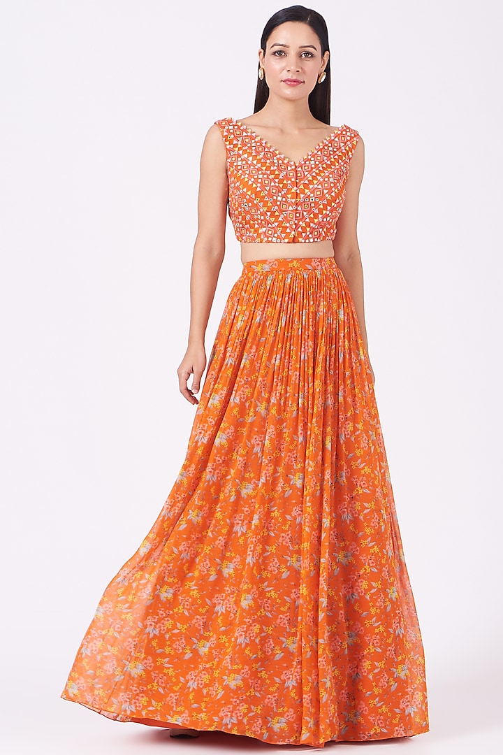 Orange Printed Wedding Lehenga Set With Cape by Aneesh Agarwaal PRET at Pernia's Pop Up Shop