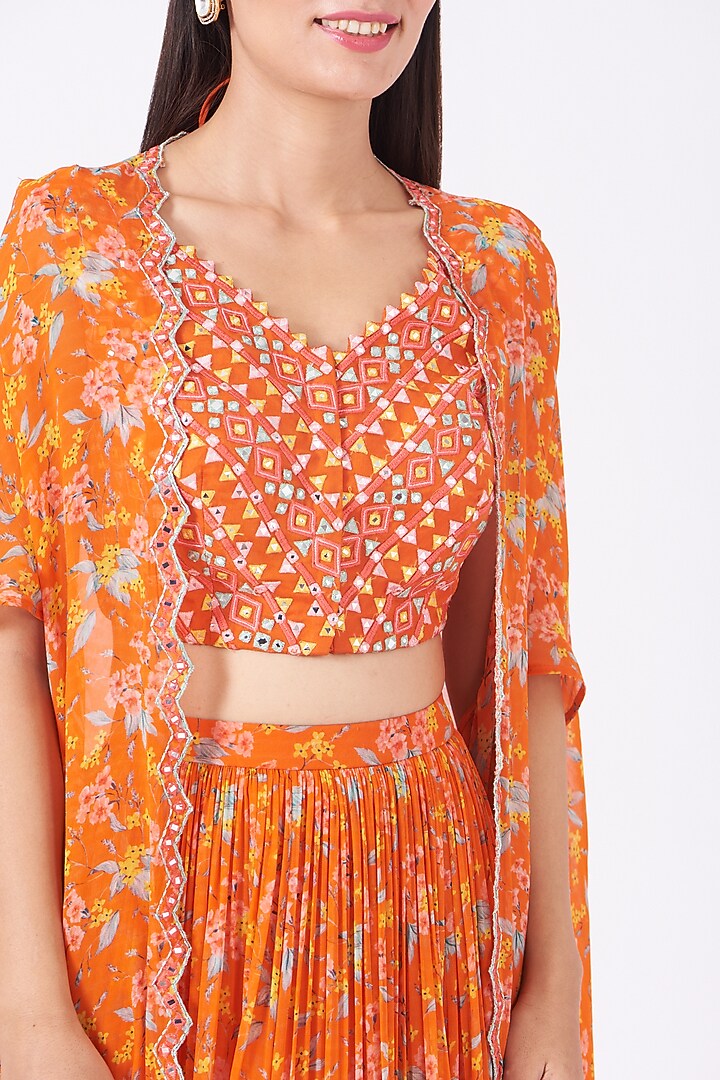Orange Printed Wedding Lehenga Set With Cape by Aneesh Agarwaal PRET at Pernia's Pop Up Shop