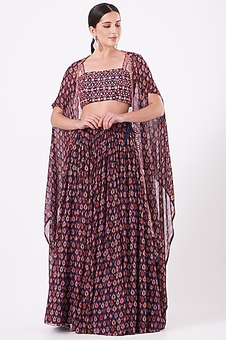 Navy Printed Skirt Set by Aneesh Agarwaal PRET