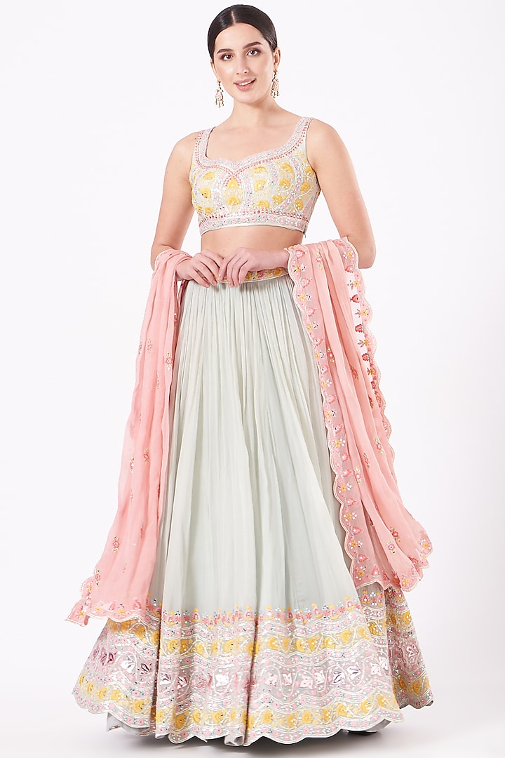 Aqua Blue Embroidered Wedding Lehenga Set by Aneesh Agarwaal PRET at Pernia's Pop Up Shop