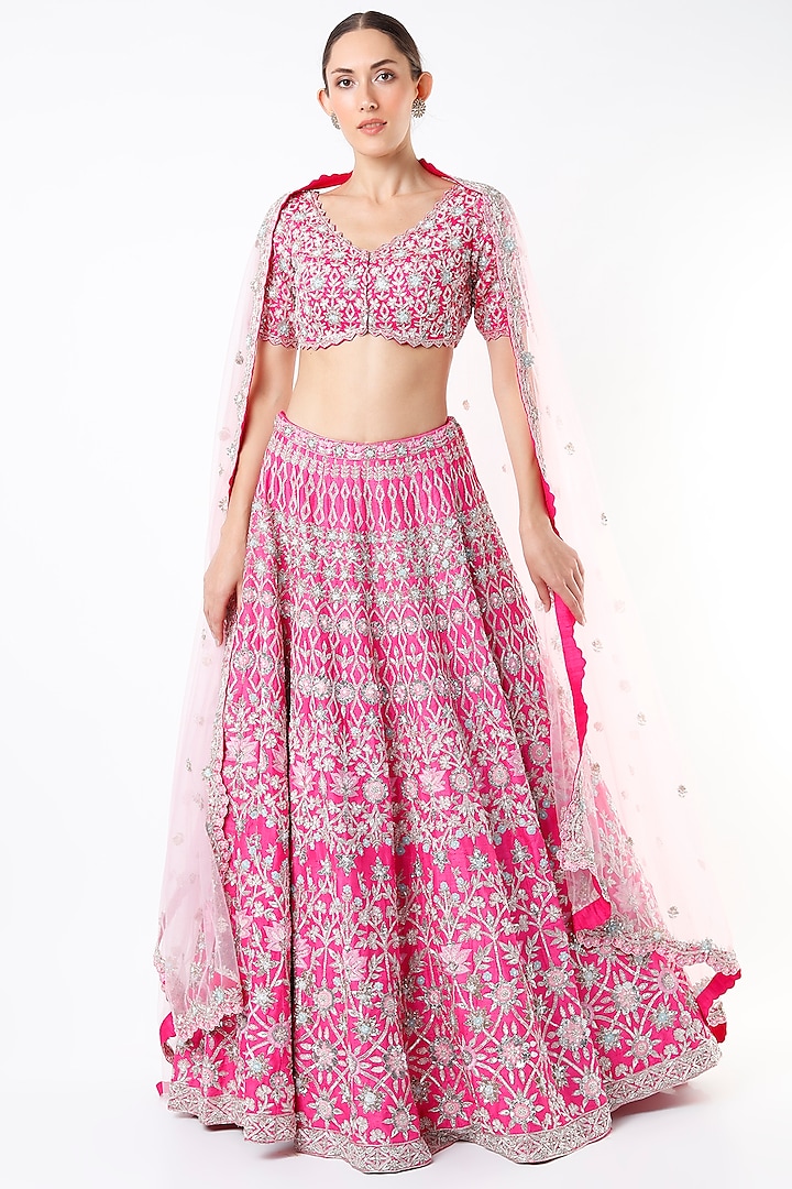 Fuchsia Embroidered Lehenga Set by Aneesh Agarwaal