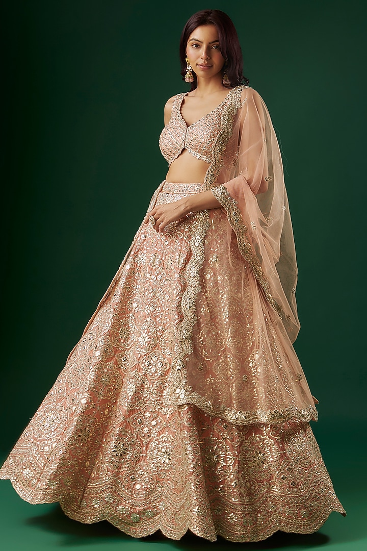 Blush Pink Silk Taffeta Mirror Embroidered Bridal Lehenga Set by Aneesh Agarwaal at Pernia's Pop Up Shop