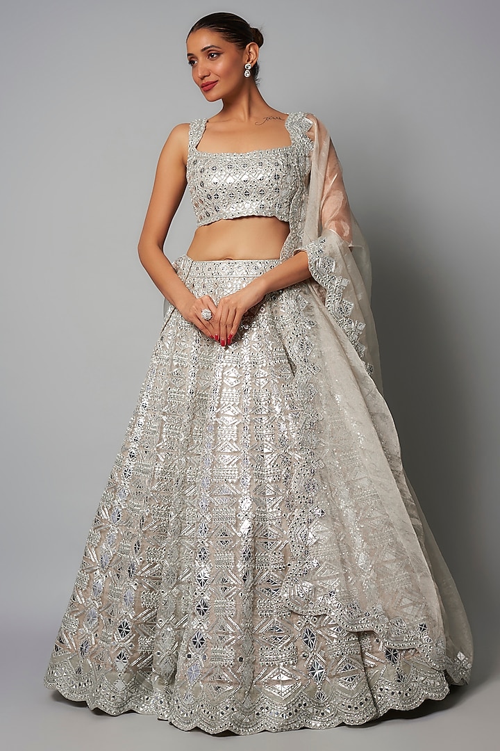 Silver Silk Organza & Net Bridal Lehenga Set by Aneesh Agarwaal at Pernia's Pop Up Shop